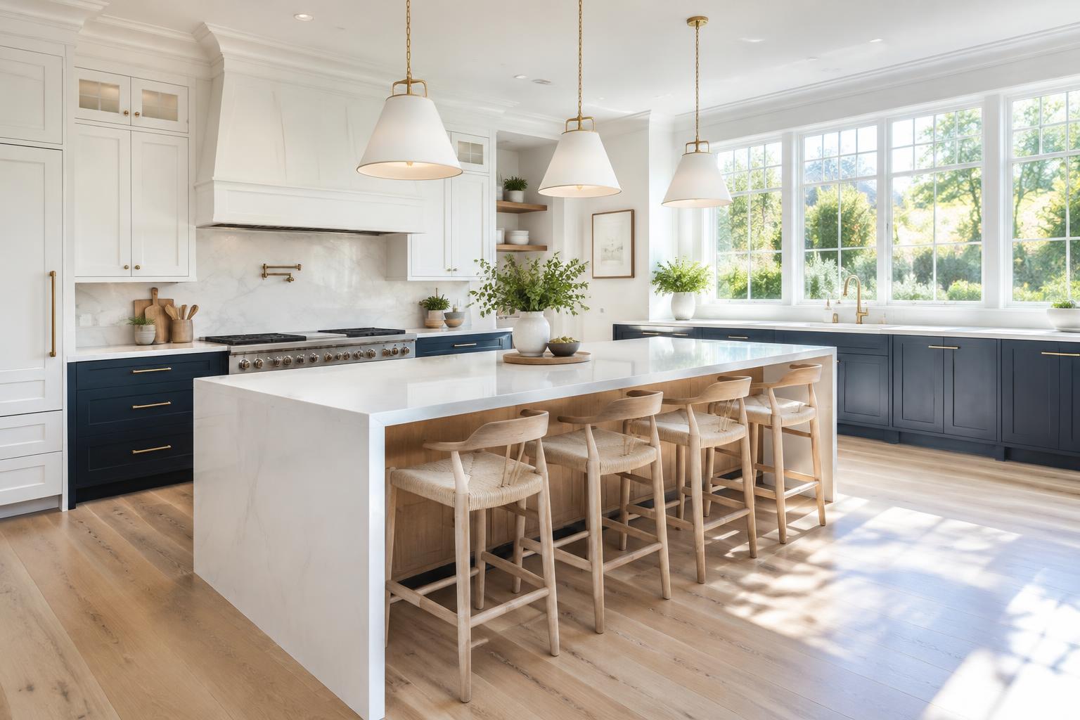 A pristine white and navy kitchen after cleaning